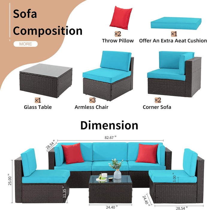 6 Pieces Patio Furniture Sets Outdoor All-Weather Sectional Patio Sofa Set PE Rattan Manual Weaving Wicker Patio Conversation Set with Glass Table & Ottoman Cushion and Red Pillows, Blue