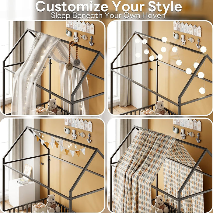 Twin Floor Platform Bedframe With Overhead Guardrails