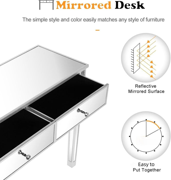 42" Silver Mirrored Vanity Desk, Makeup Table with 2 Drawers, Mirrored Console Table, Mirror Desk with Drawers, Mirror Console Tables for Women Girls Entryway Home Office Writing Desk