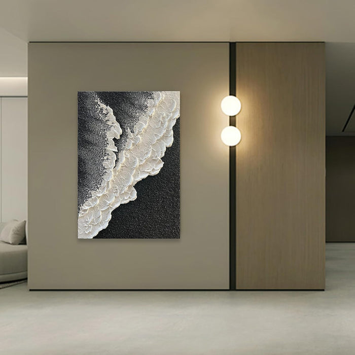 Handcrafted Thick Texture Black and White Abstract Canvas Art Ocean Wave Beach Landscape Oil Painting Home Wall Art Deco Oil Painting 24X36 Inches