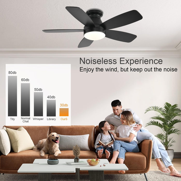 Ceiling Fans with Lights, 42 Inch Low Profile Ceiling Fan with Light and Remote/App Control, Flush Mount, Reversible, 3CCT, Dimmable, Noiseless, Black Ceiling Fan for Indoor/Outdoor Use