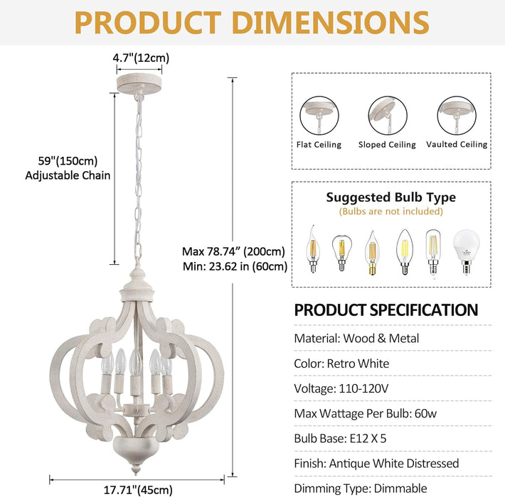 White Farmhouse Chandelier Five Light Pendant Fixture