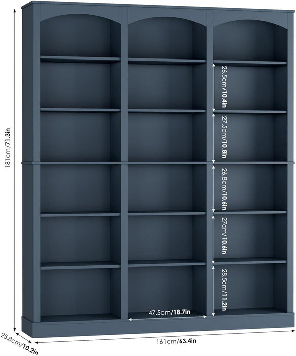 71" Triple Wide Bookshelf, 6 Tier Tall Bookshelf, Large Arched Bookcase with Curved Baffle, 63.4" Wide Book Shelf with 18 Open Display Shelves for Living Room, Study, Blue