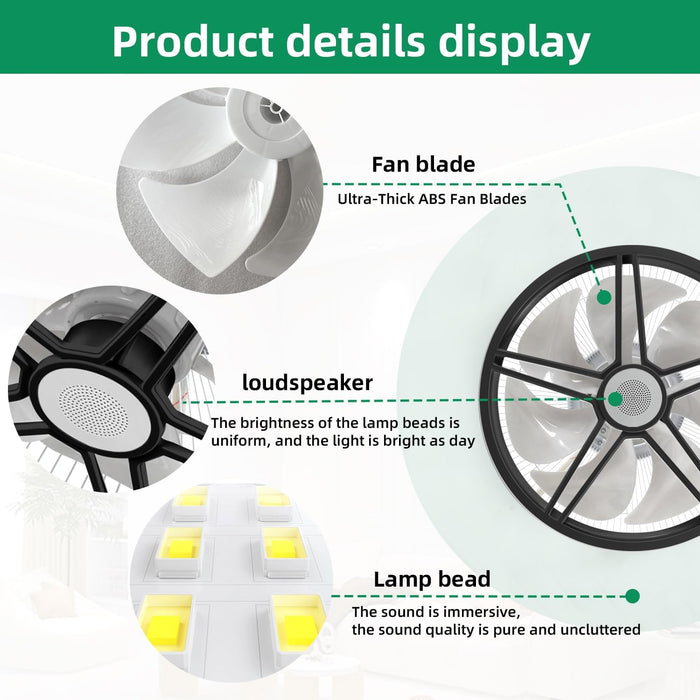 Low Profile Ceiling Fan with Light, Enclosed Bladeless Ceiling Light, Bluetooth Speaker, 6 Speeds Reversible, Stepless Dimming, Smart Flush Mount Ceiling Fan for Bedroom, Kids Room and Living Room 22"