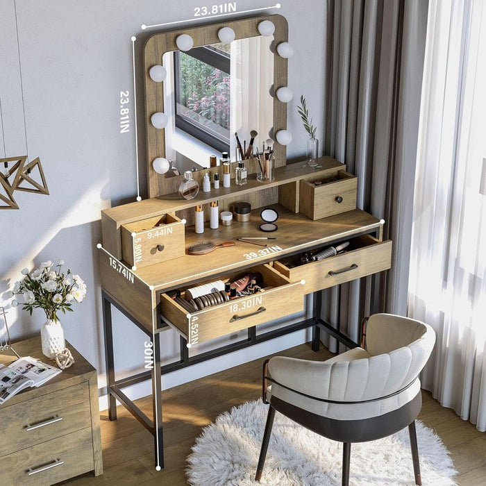 Vanity Desk with Mirror and Lights, Makeup Vanity with 3 Color Dimmable Lighted Hollywood Mirror, Brown Makeup Table with 4 Drawers, Large Dressing Table for Women Girls