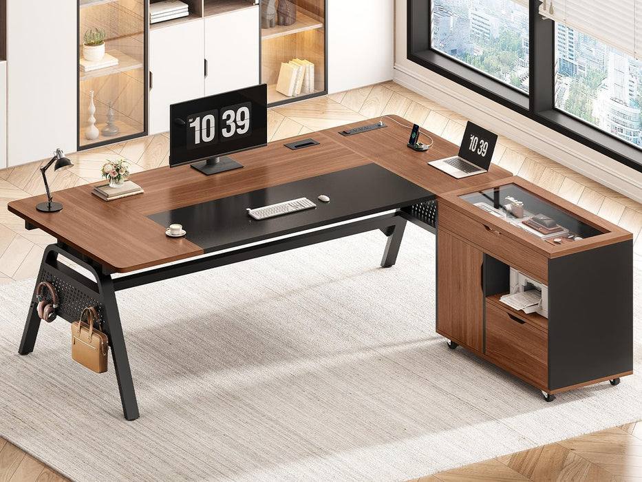 L Shaped Computer Desk with Mobile File Cabinet & Power Outlets, Executive Home Office Desk with Storage Drawers, Pegboard, Cable Management, Reversible L Desk for Work & Gaming, Black + Brown