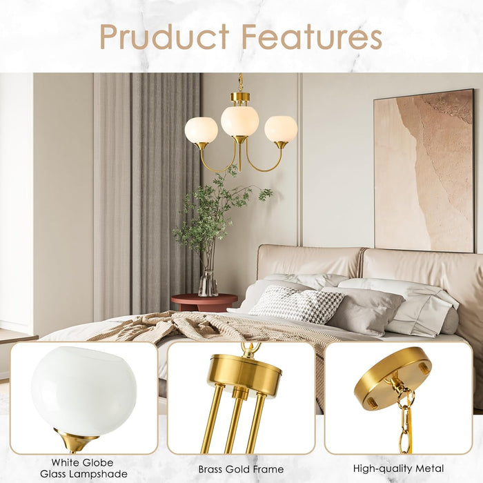 Modern Globe Chandelier 3 Light Mid Century White Milk Glass Vintage Sputnik Chandeliers Gold Pendant Light Fixtures for Dining Room Kitchen Living Room Bedroom