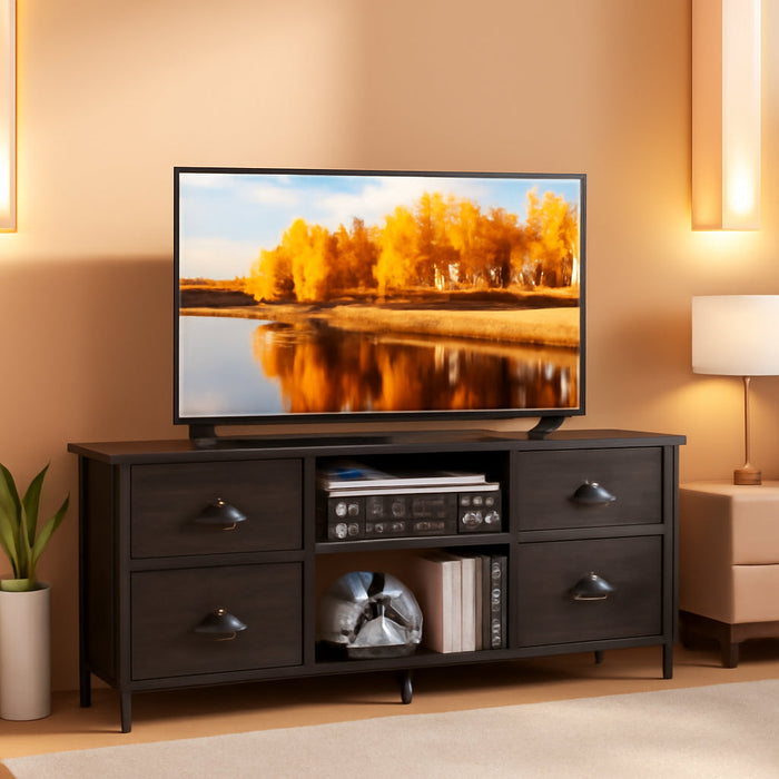 TV Stand with 4 Drawers, 43 Inch Entertainment Center with Open Shelves, Media Center for 50" TV, Television Stand for Bedroom, Living Room/Light Black Oak