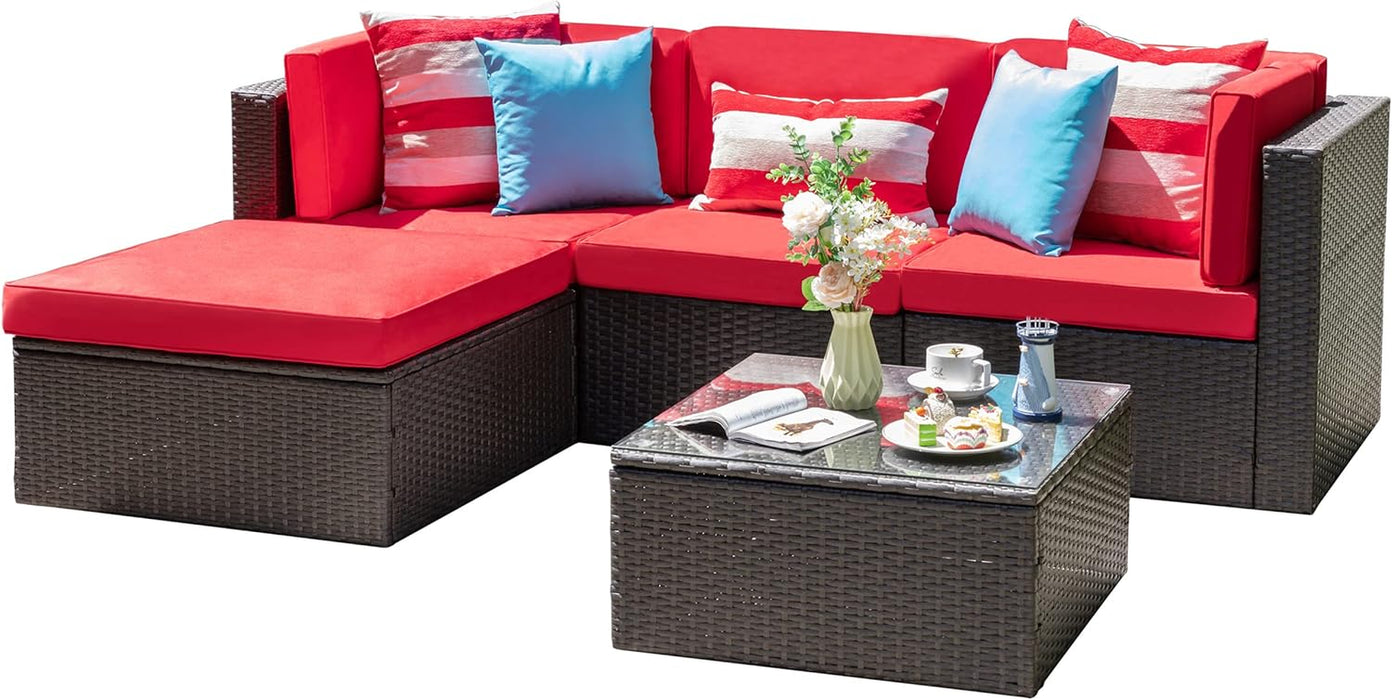 5 Piece Furniture, Small All-Weather Brown PE Wicker Outdoor Couch Sectional Patio Conversation Set Garden Patio Sofa W/Ottoman, Glass Table, Red