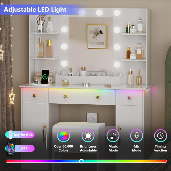 White Vanity Desk With Mirror LEDLightingSystemWithUSBPorts