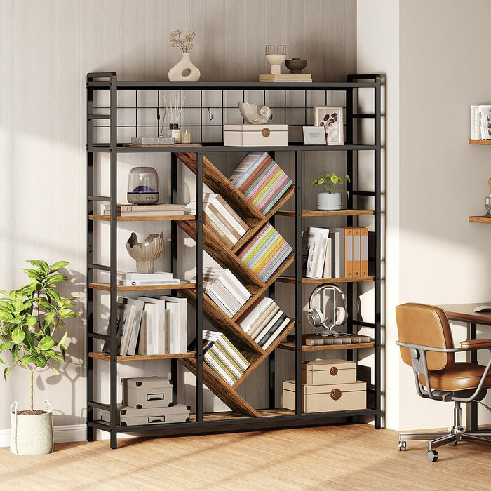 Triple 6-Tier Bookshelf, Industrial Large Bookcase with 18 Open Display Shelves, Modern Tree Bookcase with Metal Frame and Hanging Function for Living Room, Home Office, Rustic Brown and Black