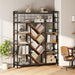 Triple 6-Tier Bookshelf, Industrial Large Bookcase with 18 Open Display Shelves, Modern Tree Bookcase with Metal Frame and Hanging Function for Living Room, Home Office, Rustic Brown and Black