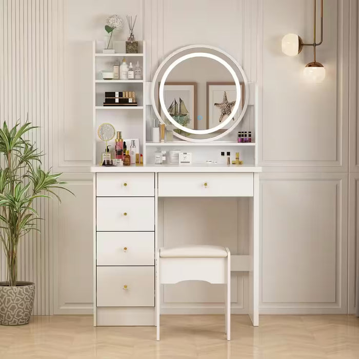 5-Drawers White Wood Makeup Vanity Set Dressing Desk W/ Stool, LED round Mirror and Storage Shelves 52X 31.5X 15.7 In.