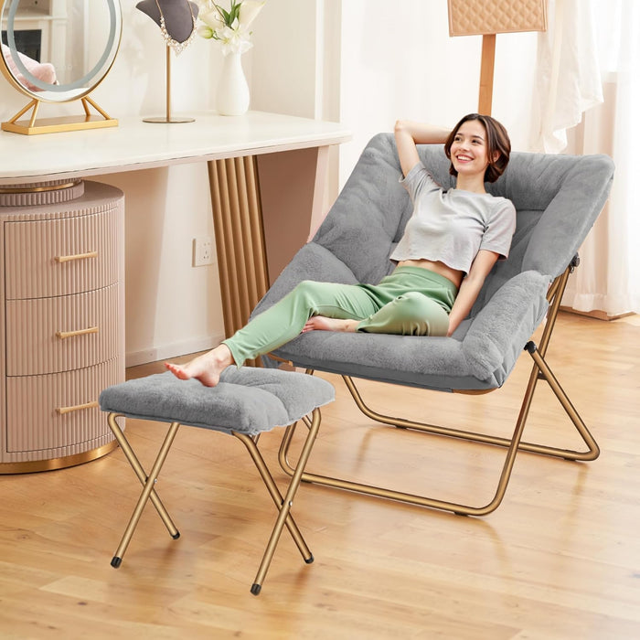 Comfy Saucer Chair, Foldable Living Room Chairs, Soft Faux Fur Lounge Chair for Bedroom, Reading Chairs for Adults, Kids, X-Large (Grey)
