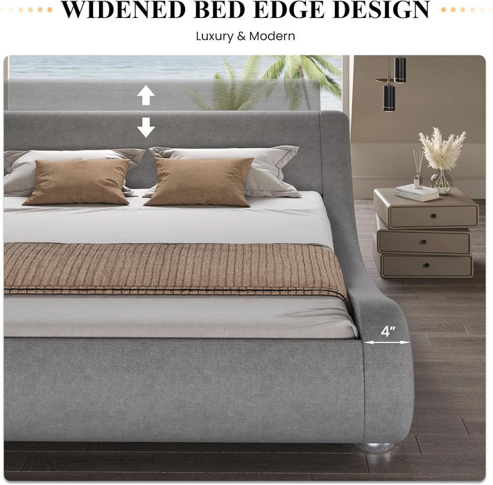 Queen Size Upholstered Bed Frame, Deluxe Low Profile Sleigh Bed with Linen Ergonomics Headboard, No Box Spring Needed & Easy Assembly, Grey