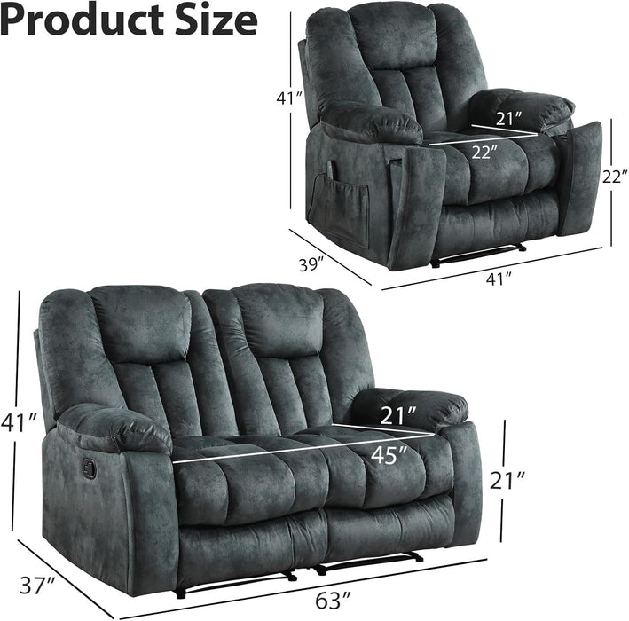 Reclining Living Room Set, Soft Fabric Manual 2 Piece Recliner Sofa Set, Included Recliner Chair with Massage and Heat and Loveseat Daul Recliner, Green Grey(Recliner+Loveseat)
