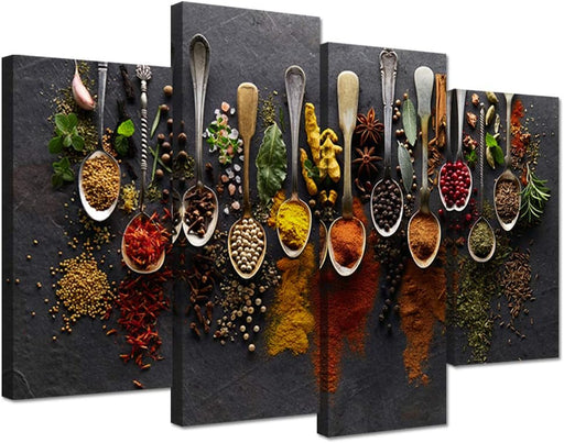 Kitchen Pictures Wall Decor 4 Pieces Couful Spice in Spoon Vintage Canvas Wall Art Food Photos Painting on Canvas Stretched Framed Home Decoration Gift Ready to Hang