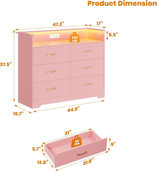 6 Drawer Dresser for Bedroom - 47.2” Wide Double Chest of Drawers with LED Light and Charging Station, Modern Large TV Stand Cabinet Organizer with Open Shelf for Living Room, Entryway, Hallway, Pink