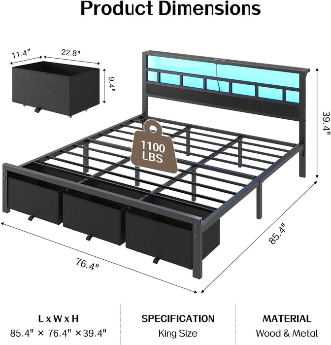 King Size Bed Frame with 3 Storage Drawers & Headboard