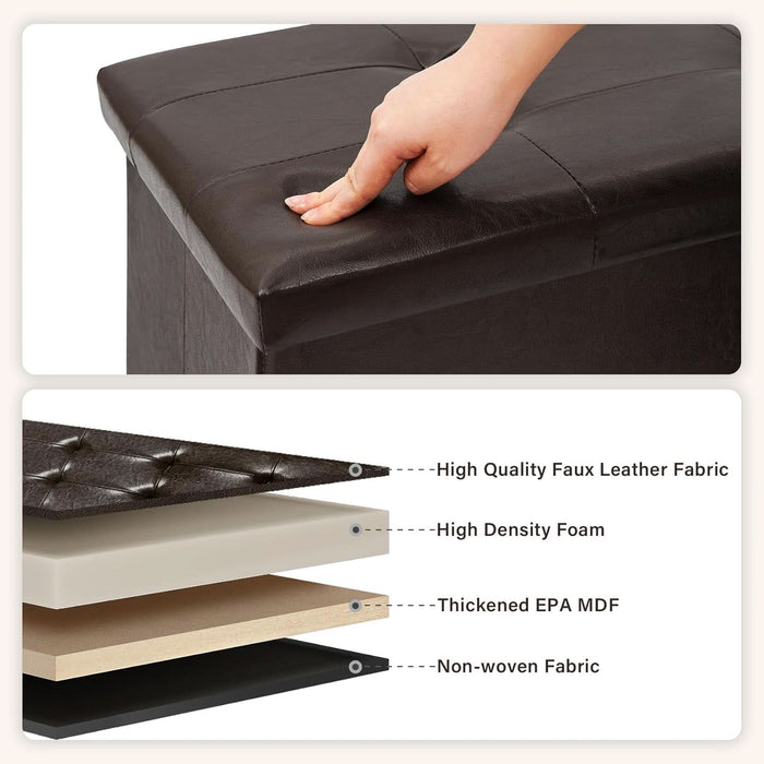 Folding Storage Ottoman Bench, Brown Faux Leather Long Storage Chest Footstool Seat, Bench for Bedroom and Hallway, 43.3"X15.7"X15.7"