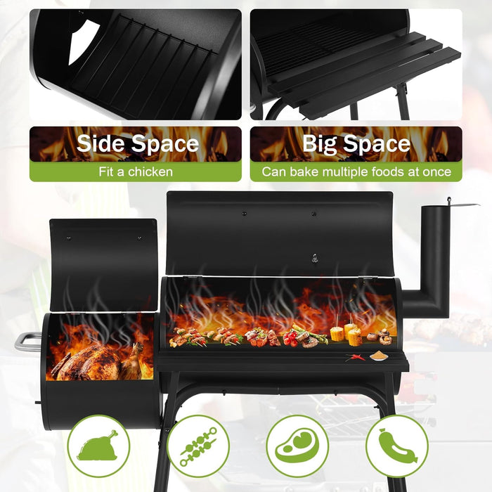 43" Charcoal Grills Outdoor BBQ Grill with Offset Smoker Camping Portable Grill Camping Barbecue Grills with Side Fire Box for 6-10 People Patio Backyard Picnic BBQ, Black