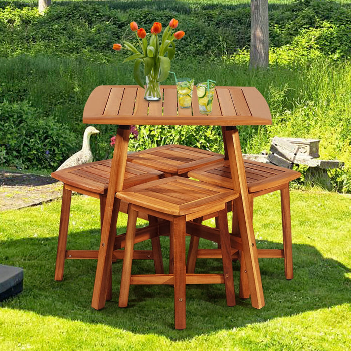 5 Pieces Wood Patio Dining Set with Square Table and 4 Stools