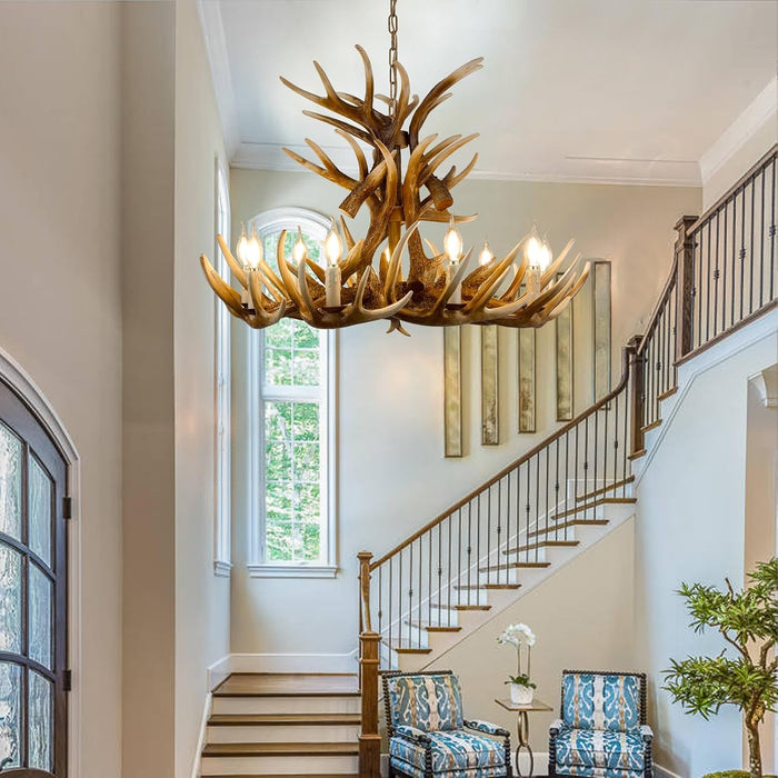 Deer Antler Chandelier Lighting,Large Deer Rustic Farmhouse Chandelier Light Fixtures for Dining Room Living Room Kitchen Island Bedroom Entryway Foyer (9 Lamp Arms + 6 Arms)
