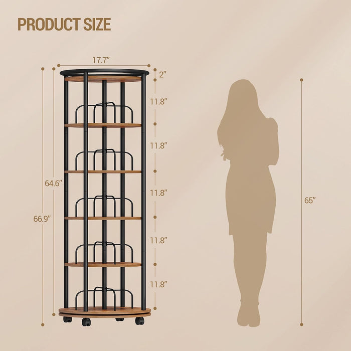 Rotating Bookshelf, 360° Spinning Bookshelf Tower,Round Book Shelf | Display Revolving Bookcase, Narrow Swivel Bookshelves for Small Space, Bedroom, Living Room, 6-Tier Rustic Brown, BC52101B