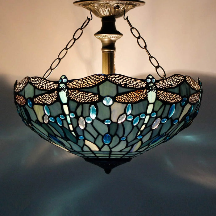 Tiffany Ceiling Light Fixture Semi Flush Mount 16" Sea Blue Stained Glass Dragonfly Shade Close to Dome Island Boho Hanging Lamp Decor Bedroom Kitchen Dining Living Room Entry Foyer Hallway