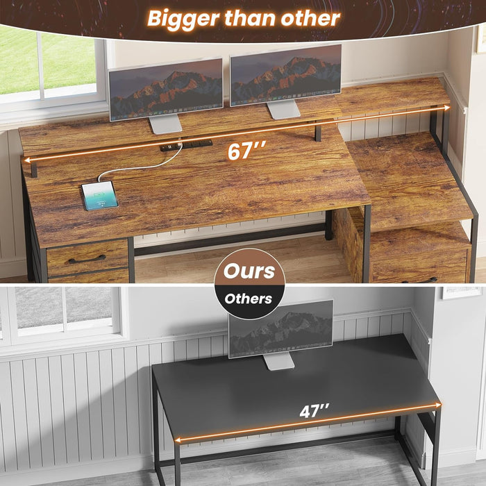 Home Office Desk with File Drawer & Power Outlet, 66'' Computer Desk with 5 Drawer, Storage Shelves, Printer Cabinet and Monitor Shelf, Gaming Desk with Led Lights, Rustic Brown