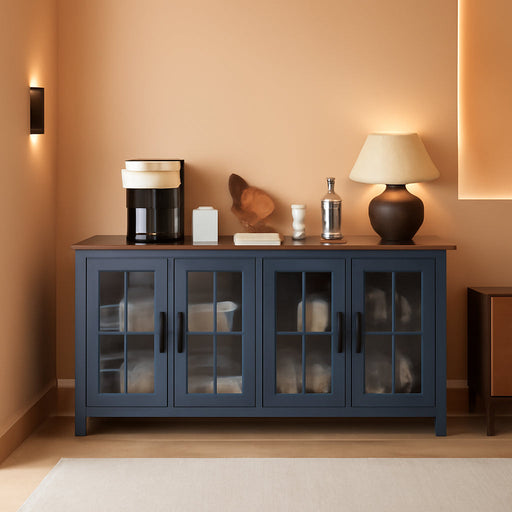 Large Sideboard Buffet Cabinet with Storage, 63" Farmhouse Navy Blue Kitchen Coffee Wine Bar Cabinet with 4 Glass Doors, Mid Century Modern Wood Side Board Table for Dining Room, Living Room