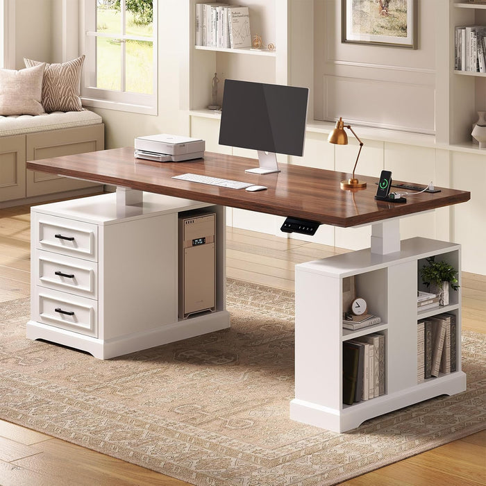 Farmhouse Electric Standing Desk, 63" Height Adjustable Computer Desk with 3 Drawers, Storage Shelves, Power Outlets, Wood Home Office Stand up Desk for Work, Study, Writing, White