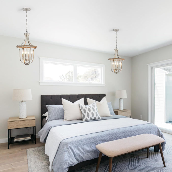 12.6" Modern Chandelier Farmhouse 4 Light Geometric Cage Pendant Hanging Lighting Fixture Adjustable Height Brushed Nickel and Wood Grain Finish for Dining Room Living Room Foyer