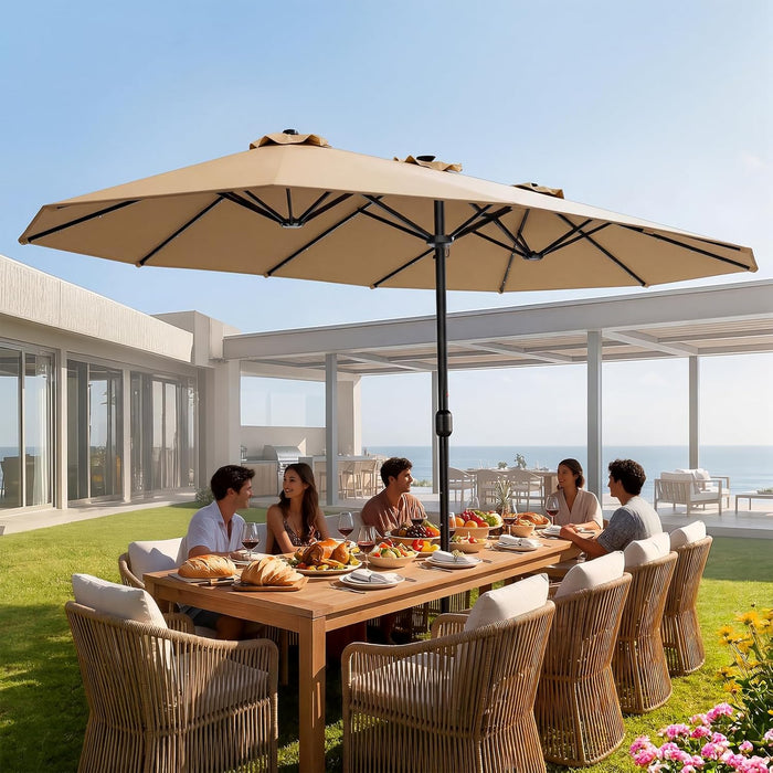 15Ft Large Double Sided Patio Umbrella with 48 Solar LED Lights & Base Included, Heavy Duty Market Table Umbrella with 220Gsm Fade-Resistant Canopy for Commercial & Residential, Deck, Pool, Backyard (Beige)
