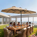 15Ft Large Double Sided Patio Umbrella with 48 Solar LED Lights & Base Included, Heavy Duty Market Table Umbrella with 220Gsm Fade-Resistant Canopy for Commercial & Residential, Deck, Pool, Backyard (Beige)