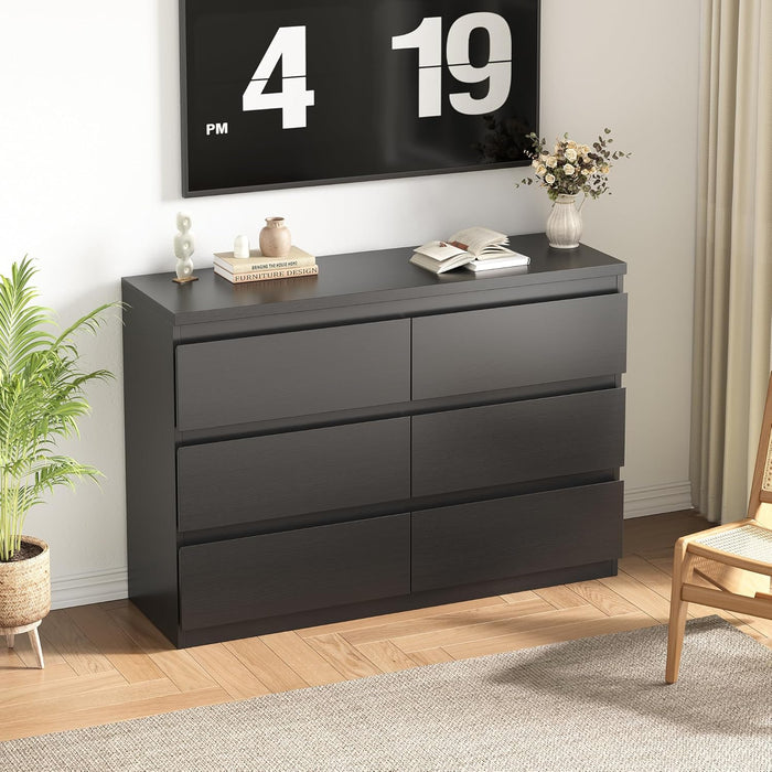 Black 6 Drawer Dresser for Bedroom, 15.3" D X 47.2" W X 32.3" H in Simply Modern Chest of Drawers, Wood Storage Double Dresser with Deep Drawers for Living Room, Hallway Entryway, Black