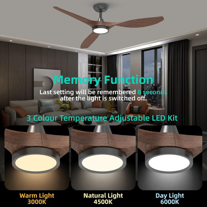 Ceiling Fans with Lights and Remote, 52 Inch Large Airflow Indoor Ceiling Fans with Quiet DC Motor and 3 Colour Temperature Black Noiseless ABS Fan Blades (Dark Woodgrain)