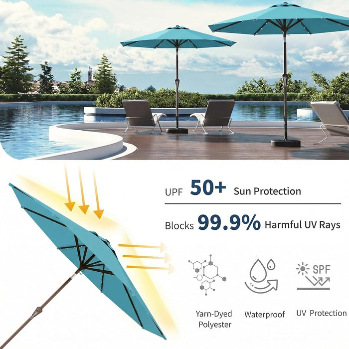 9FT Solar Umbrella 32 LED Lighted Patio Umbrella Table Market Umbrella W/Tilt and Crank, Uv-Resistant Outdoor Umbrella for Pool, Garden, Deck, Sky Blue