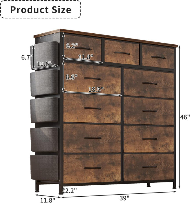 Dresser for Bedroom with 11 Drawer, Dressers & Chests of Drawers with Side Pockets, Hooks, Fabric Storage Drawer, Steel Frame, Wood Top, Organizer Unit and Pull Handle for Closet.