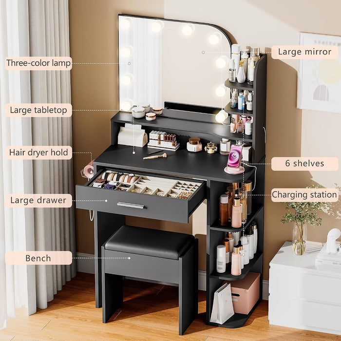 Black 26Inch Vanity Desk With Illumination LEDLighting