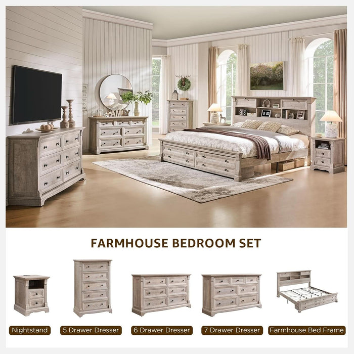 Farmhouse 7 Drawers Dresser for Bedroom, 54" Wide Wood Rustic Chest of Drawers W/Roman Column, Wooden Storage Dressers Organizer for Bedroom, Living Room, Light Rustic Oak