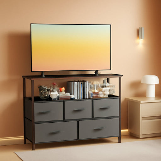 TV Stand Dresser for Bedroom Entertainment Center with 5 Fabric Drawers, Storage Organizers Units for Living Room, Media Console Table with Open Shelf up for 45" TV, Gray, Wood Top