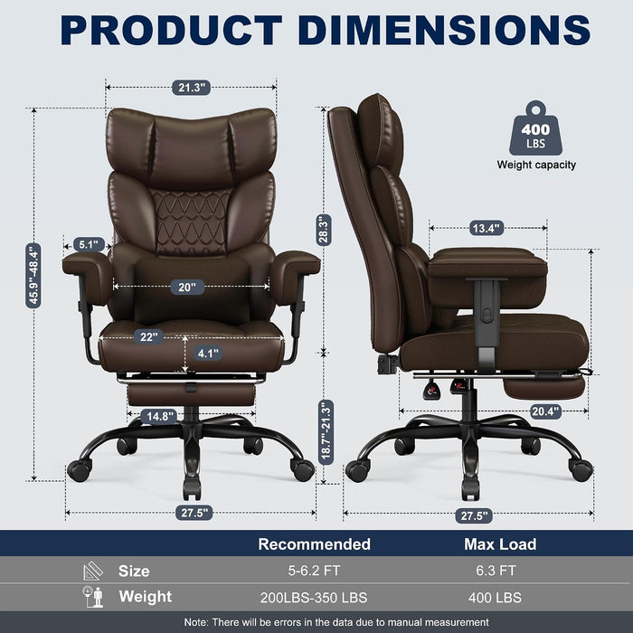 Big and Tall Office Chair with Footrest, High Back Executive Desk Chair with Adjustable Lift Armrest, 155°Recline, Lumbar Support Pillow, Faux Leather Gaming Chairs for Home or Office Brown