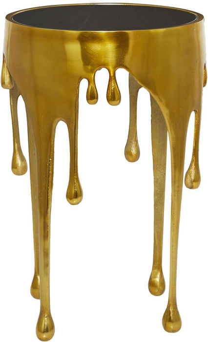 Aluminum Metal Abstract Melting Drip Accent Table with Melting Design and Shaded Glass Top, 16' X 16' X 25', Gold