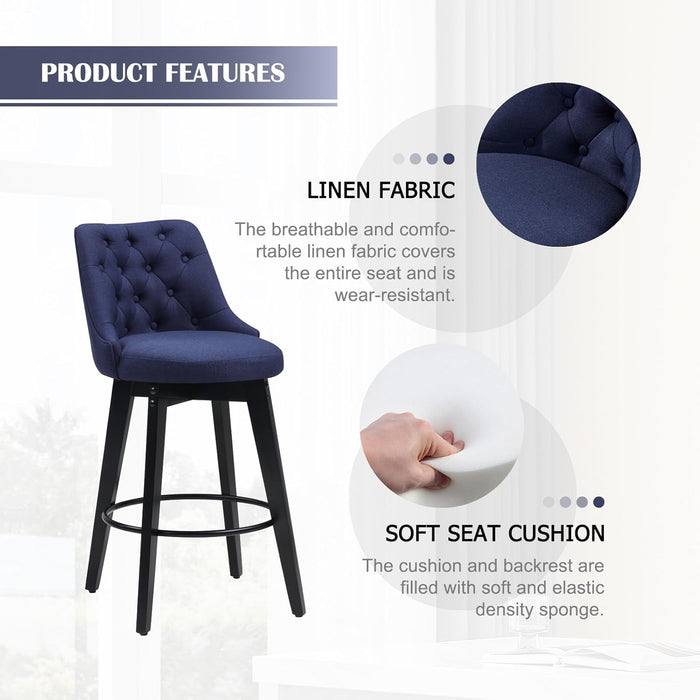 Bar Stools Set of 2, Swivel Barstools with Backs and Wood Legs, 27" Linen Fabric Upholstered Bar Chairs for Kitchen Island, Dining, Cafe, Pub（Blue）