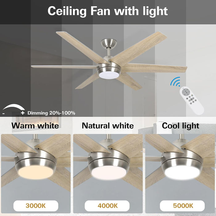 54 Inch Indoor Modern Ceiling Fan with Integrated LED Lights and Remote Control, 6 Blades, 6 Speed, Dimmable, 3CCT, Quiet Reversible Motor Ceiling Fan, Brushed Nickel