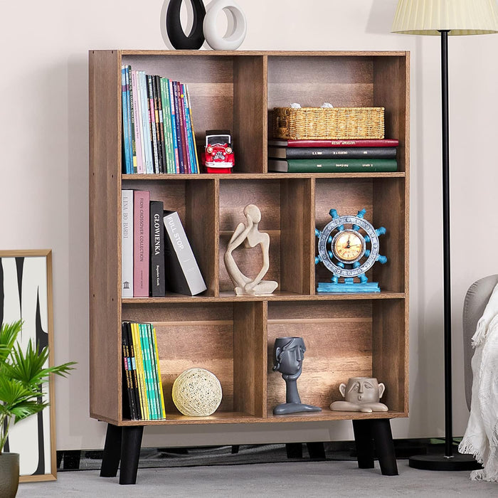 7 Cube Bookshelf 3 Tier Modern Bookcase with Legs,Wood Book Shelves Storage Organizer Shelf,Free Standing Bookcases,Oak Display Bookshelves