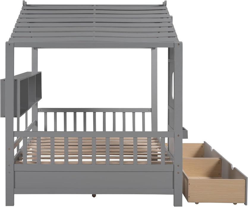 Full House Bed with 2 Drawers and Storage Shelves, Full Montessori Bed, Kids Full Platform Bed Frame with Roof, Tent Bed, Solid Wood Playhouse Bed for Kids Teens Girls Boys (Gray)