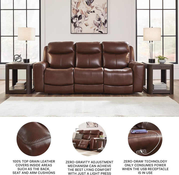 Mighty Moves Transitional Leather Match Power Reclining Sofa with Adjustable Headrest and USB Charging Port, Dark Brown