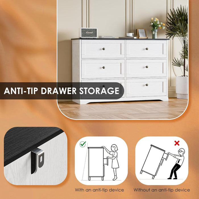 Dresser for Bedroom with 6 Drawers, 47.2" Wide Modern Chest of Drawers with Handle,Dresser TV Stand,White Dresser with Black Countertop for Living Room, Hallway